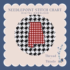 May include: A digital needlepoint stitch chart with a houndstooth pattern and a red and white plaid state outline. The text reads "Needlepoint Stitch Chart Digital Download" and "Thread + Thistle."