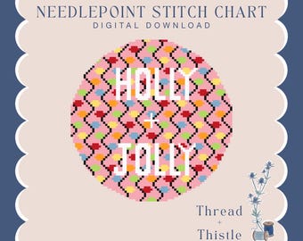 Holly Jolly Christmas Lights, Needlepoint Digital Stitch Chart, PDF Digital Download| 18 Mesh 4 inch Round