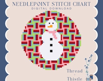 Snowman with Geometric Background, Needlepoint Digital Stitch Chart, PDF Digital Download| 13 mesh 4 inch round