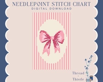 May include: A digital needlepoint stitch chart with a pink bow design. The bow is centered on a cream-colored oval against a background of pink and white vertical stripes. The text "Needlepoint Stitch Chart Digital Download" is at the top.