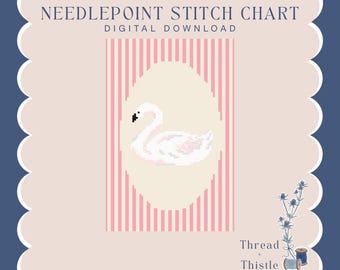 Puede incluir: Gráfico digital de punto de aguja con un diseño de cisne pixelado. El cisne es blanco con acentos rosas, sobre un óvalo crema con rayas verticales rosas. El diseño está enmarcado por un borde festoneado y el texto "Needlepoint Stitch Chart Digital Download".