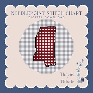 Op de afbeelding: Een digitale kruissteekkaart met de omtrek van Mississippi in een rood-wit geblokt patroon. Het ontwerp is geplaatst tegen een ruitjesachtergrond en omlijst door een geschulpte rand. Tekst omvat "Needlepoint Stitch Chart" en "Digital Download."