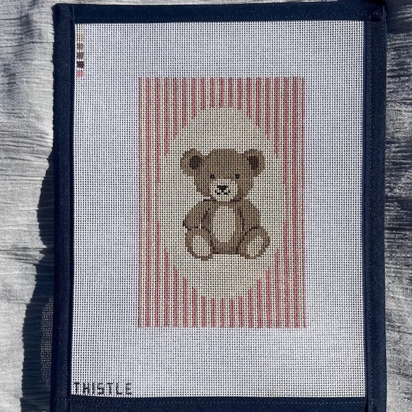 Teddy Bear Needlepoint Canvas| Pink Stripes| Girl| Hand Painted Canvas| 18 mesh