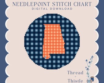 Orange and Blue Gingham Alabama, Needlepoint Digital Stitch Chart, PDF Digital Download| 18 mesh
