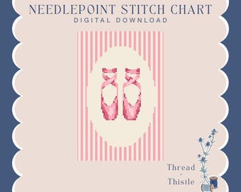 Puede incluir: Un gráfico de punto de cruz digital con un par de zapatillas de ballet rosas. El diseño está sobre un fondo de rayas rosas y blancas, con el texto "Needlepoint Stitch Chart Digital Download". La imagen está enmarcada con un borde festoneado.