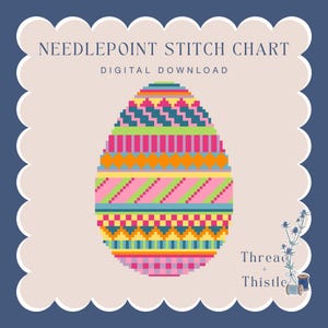May include: A digital download of a needlepoint stitch chart featuring a colorful, pixelated Easter egg design. The egg is decorated with stripes and geometric patterns in shades of pink, orange, green, and blue. The text "Needlepoint Stitch Chart" and "Digital Download" are at the top.