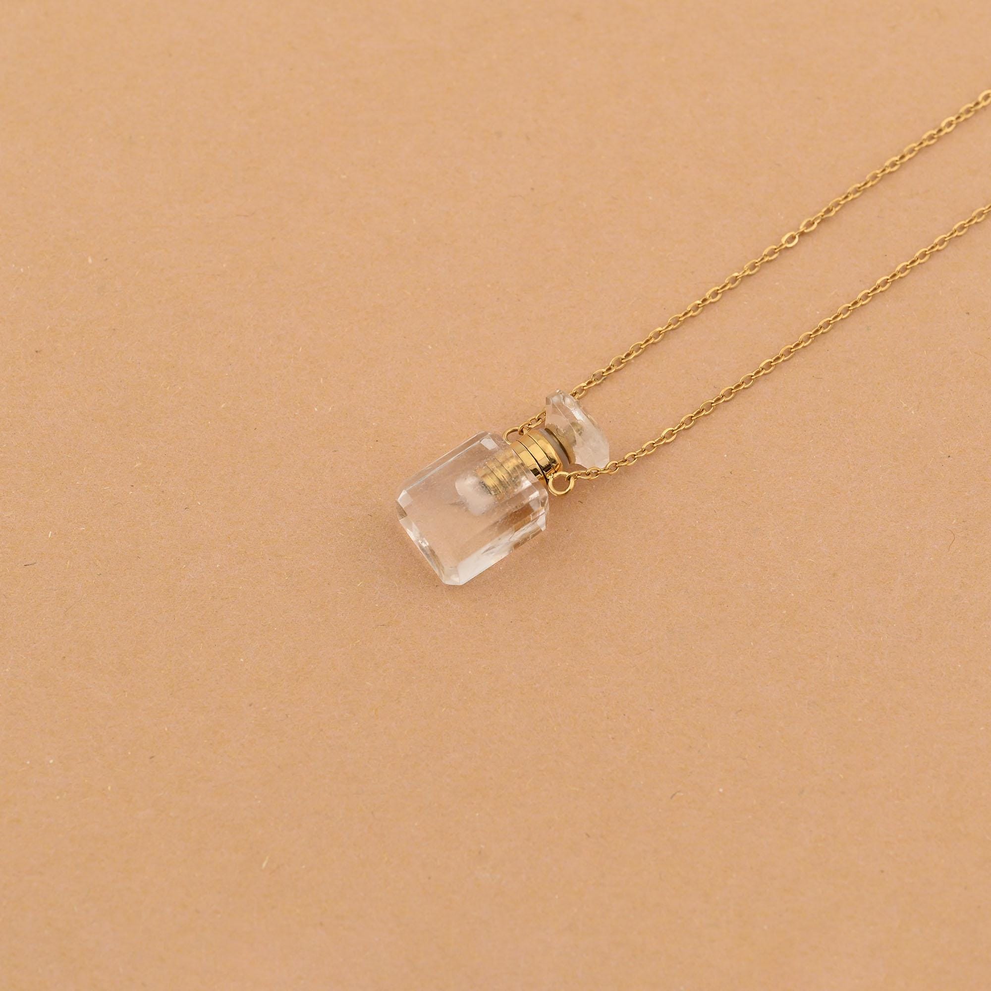 Collier Pendentif Flacon En Verre Rose Avec Chaîne Capsule - 18" - Style Bohème Moderne - Neuf Avec étiquettes