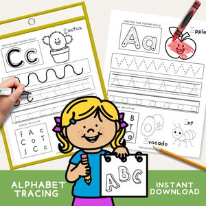 May include: Educational alphabet tracing worksheets featuring illustrations of a cactus, apple, and avocado. The worksheets include tracing letters and words. A cartoon girl holds a sign with the letters ABC. The words "Alphabet Tracing" and "Instant Download" are also visible.