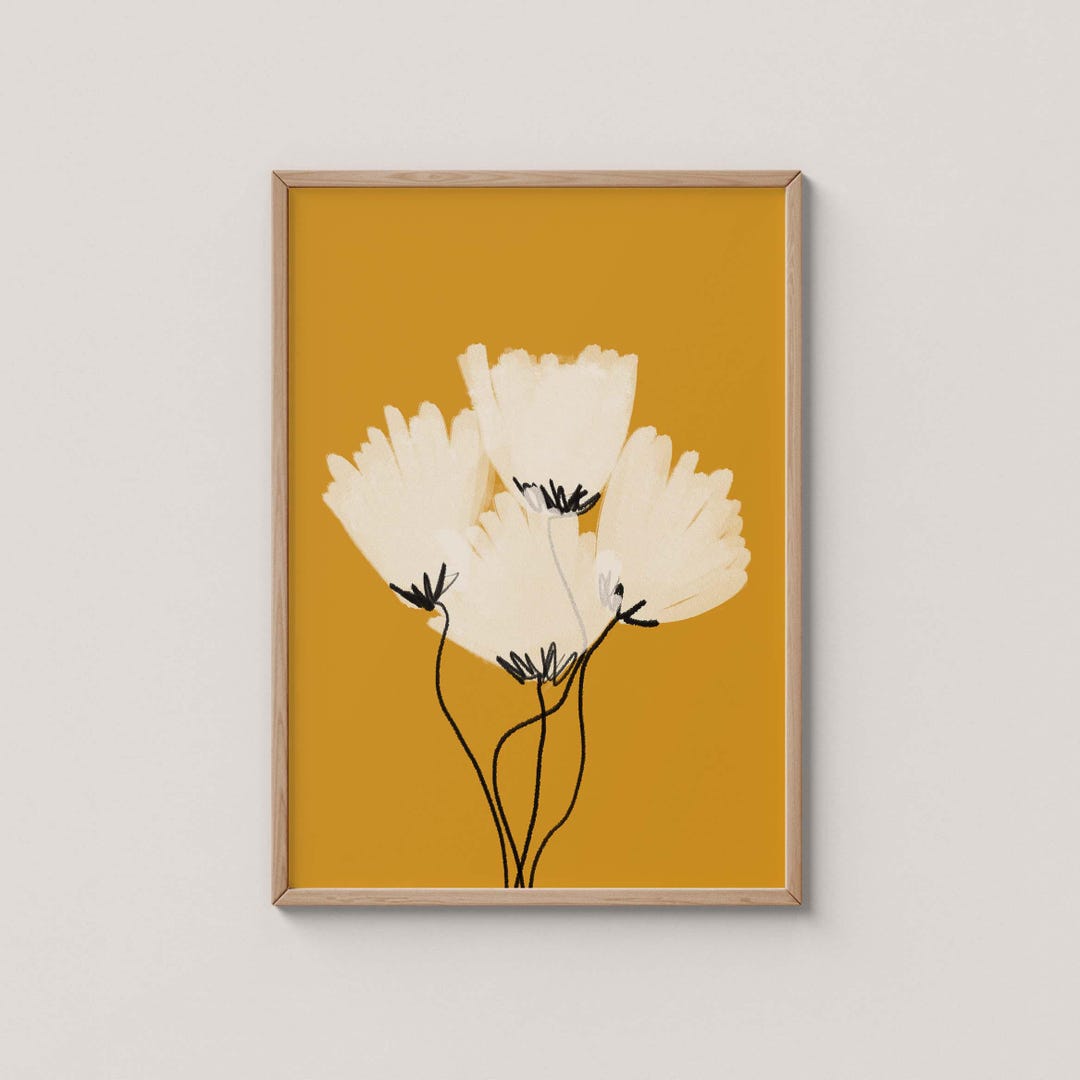 Floral Print, Mustard Yellow Botanical Poster, White Blooms Wall Art ...