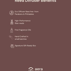 Peut inclure: Un graphique marron avec du texte et des ic&ocirc;nes blancs d&eacute;taillant les avantages d'un diffuseur &agrave; roseaux. Le texte comprend "Eco Diffuser Base sans Parabens & Phtalates", "roseaux en fibres haute performance" et "Coffret cadeau signature". Le logo Aera est en bas.