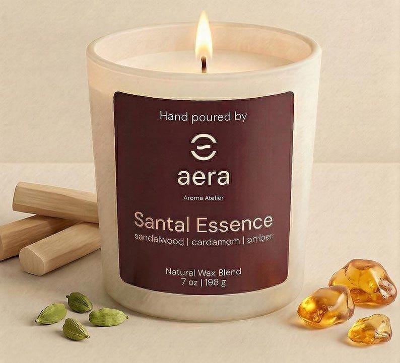 May include: A lit candle in a frosted glass jar with a dark maroon label reading Hand poured by aera Aroma Atelier Santal Essence sandalwood | cardamom | amber Natural Wax Blend 7 oz | 198 g, surrounded by wooden sticks, green cardamom pods, and amber stones.