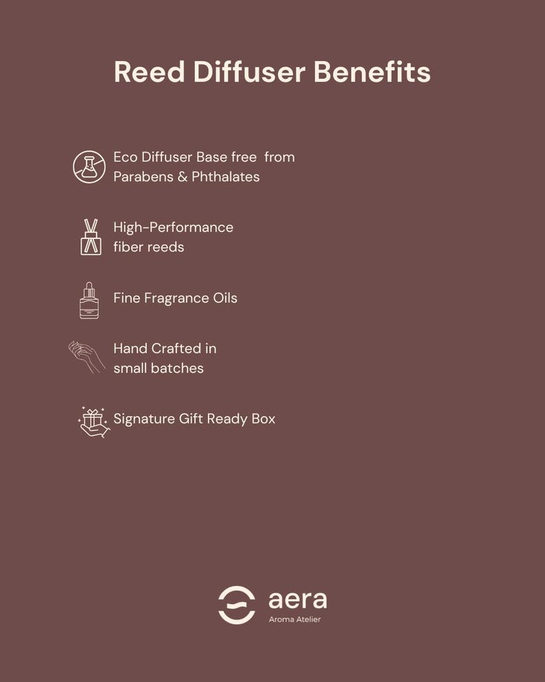 K&ouml;nnte beinhalten: Eine braune Grafik mit wei&szlig;em Text und Symbolen, die die Vorteile eines Reed-Diffusors detailliert. Der Text enth&auml;lt "Eco Diffuser Base frei von Parabenen & Phthalaten", "Hochleistungs-Faserschilf" und "Signature Gift Ready Box".