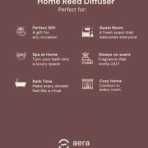 K&ouml;nnte beinhalten: Braune Grafik mit dem Text "Home Reed Diffuser" und "Perfect for:" mit Symbolen und Text, der die Verwendung beschreibt: Geschenk, G&auml;stezimmer, Spa, immer im Duft, Badezeit und gem&uuml;tliches Zuhause. Das Aera Aroma Atelier-Logo befindet sich unten.