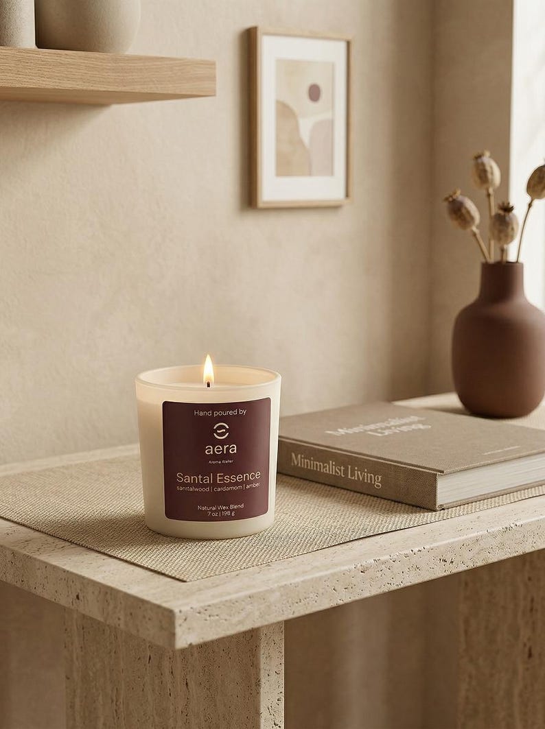 May include: A lit candle in a white frosted glass container with a dark brown label. The label reads Hand poured by aera Santal Essence, sandalwood | cardamom | amber, Natural Wax Blend, 7 oz | 198 g. The candle has a single cotton wick.