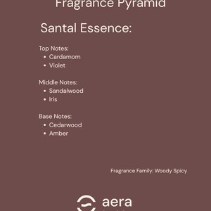 May include: A brown informational card titled Fragrance Pyramid for Santal Essence. It lists top notes of Cardamom and Violet, middle notes of Sandalwood and Iris, and base notes of Cedarwood and Amber. The text Fragrance Family: Woody Spicy and the aera Aroma Atelier logo appear at the bottom.