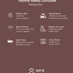 Peut inclure: Visuel marron avec le texte "Home Reed Diffuser" et "Perfect for:" avec des ic&ocirc;nes et du texte d&eacute;crivant les utilisations : cadeau, chambre d'amis, spa, toujours parfum&eacute;, bain et maison douillette. Le logo Aera Aroma Atelier est en bas.