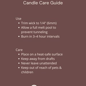 May include: A brown informational sign titled Candle Care Guide with white text. It lists instructions: Trim wick to 1/4" (6mm), allow a full melt pool, burn in 3-4 hour intervals, use heat-safe surfaces, avoid drafts, never leave unattended, and keep away from pets & children. Aera Aroma Atelier logo is at the bottom.