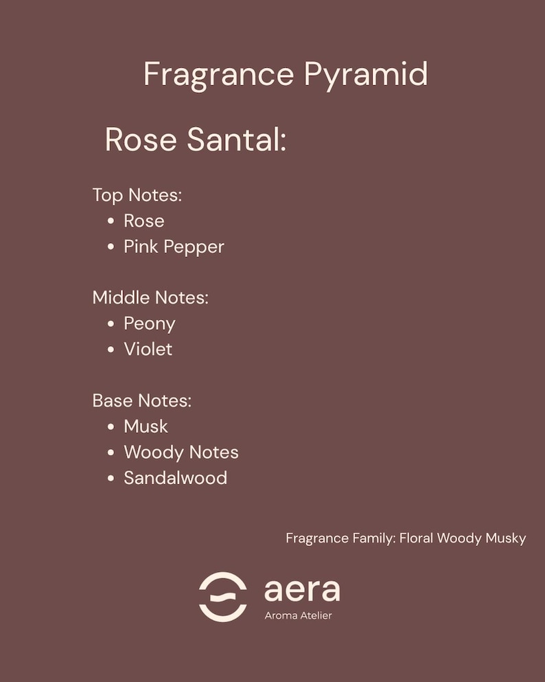 May include: A brown informational graphic titled Fragrance Pyramid for Rose Santal. It lists top notes of rose and pink pepper, middle notes of peony and violet, and base notes of musk, woody notes, and sandalwood. The text includes Fragrance Family: Floral Woody Musky and the aera Aroma Atelier logo.