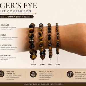 Genuine Tiger's Eye Beaded Bracelet, Protection, Confidence, Focus Stone Jewelry