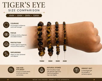 Tiger’s Eye Bracelet, Genuine Tigers Eye Beaded Stretch Bracelet, 4mm 6mm 8mm 10mm Crystal Bracelet, Protection Stone Jewelry
