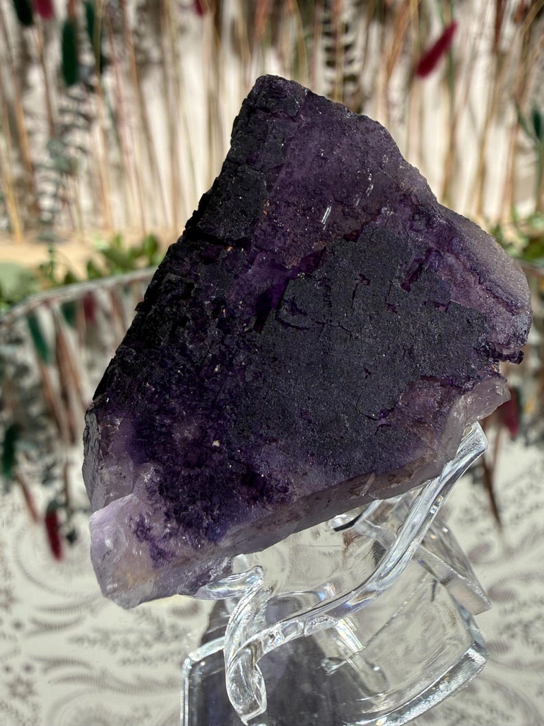 Puede incluir: Cristal de fluorita natural en tonos morados oscuros y negros, exhibido sobre un soporte acr&iacute;lico transparente. El cristal tiene una superficie rugosa y texturizada con diferentes tonos de morado. El fondo est&aacute; borroso, con toques de verde y marr&oacute;n.