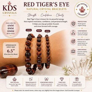 May include: Three Red Tiger's Eye bead bracelets in 6mm, 8mm, and 10mm sizes. The text reads Red Tiger's Eye Natural Crystal Bracelets, 100% Natural Crystals, and Approximate Wrist Size 6.5 inches. Features include protection, confidence, focus, and clarity.