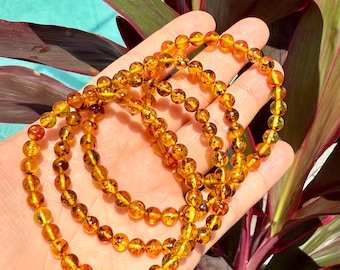 Natural Baltic Flower Amber 6mm Beaded Bracelet | Genuine Amber  | Organic Resin Jewelry