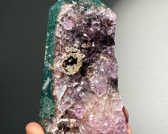 Amethyst Jasper Point with Crystal Pocket, Purple Druzy Cluster Tower, Polished Green Mineral Decor