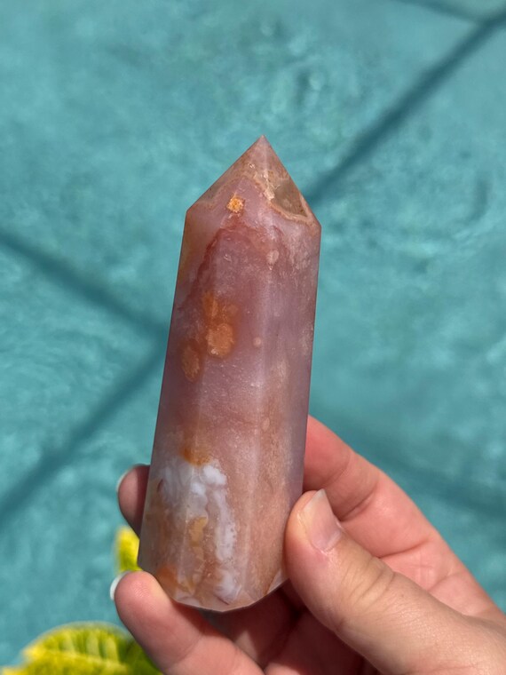 Carnelian Flower Agate Tower | Orange Blossom Plume Crystal Point, Madagascar Agate