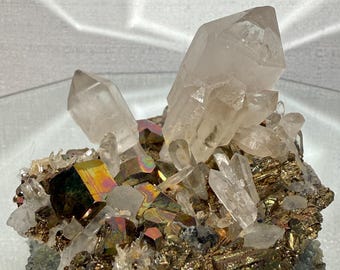 Iridescent Pyrite & Quartz Crystal Specimen, Rainbow Pyrite Cluster, Natural Quartz Crystal Display, Collector Mineral