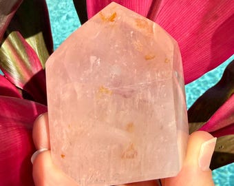 Rose Quartz Tower | Golden Healer Inclusions, Pink Crystal Point