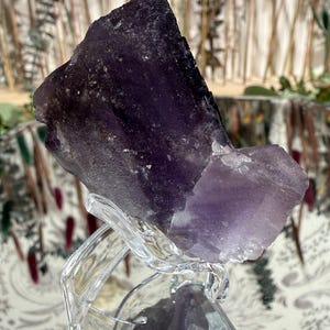 Puede incluir: Un gran cristal de amatista en bruto, en tonos morados profundos y lavanda, se exhibe sobre un soporte decorativo transparente. El cristal tiene una superficie rugosa y texturizada y est&aacute; iluminado por luz natural. El fondo presenta plantas secas borrosas.