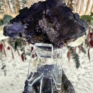 Puede incluir: Un esp&eacute;cimen mineral de fluorita de color p&uacute;rpura oscuro con una superficie rugosa y texturizada. La fluorita se exhibe sobre un soporte de vidrio transparente y en &aacute;ngulo. El fondo presenta una superficie estampada y follaje.