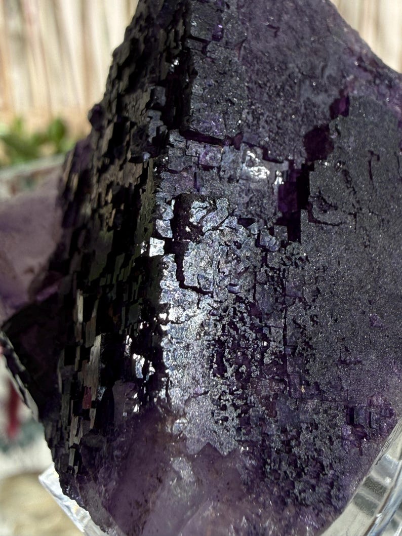 Puede incluir: Primer plano de un grupo de cristales de fluorita de color p&uacute;rpura oscuro. El cristal tiene una superficie rugosa y texturizada con una mezcla de tonos p&uacute;rpura oscuro y claro. La estructura cristalina es visible, con muchas formaciones peque&ntilde;as y cuadradas. El aspecto general es brillante y reflectante.