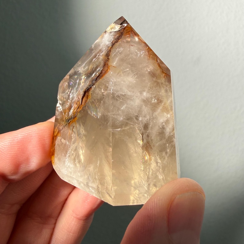 Golden Healer Quartz Tower | Clear Crystal Point With Dark Golden Iron ...
