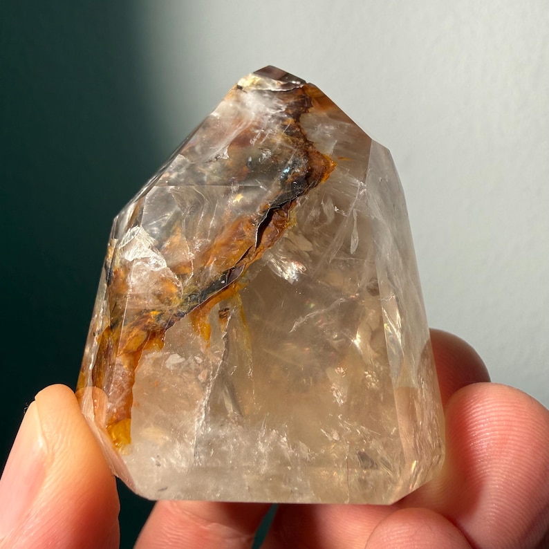 Golden Healer Quartz Tower | Clear Crystal Point With Dark Golden Iron ...