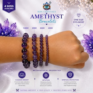 Natural Amethyst Bracelet 4mm 6mm 8mm 10mm | Genuine Crystal Bead Bracelet | Protection Healing Jewelry Gift