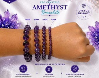 Natural Amethyst Bracelet 4mm 6mm 8mm 10mm | Genuine Crystal Bead Bracelet | Protection Healing Jewelry Gift