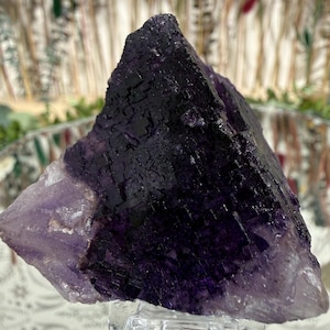 Puede incluir: Un gran cristal de fluorita en bruto, de color p&uacute;rpura oscuro, que transiciona a tonos lavanda m&aacute;s claros. El cristal tiene una superficie texturizada y se exhibe sobre un soporte de vidrio transparente. La forma general es angular y natural.