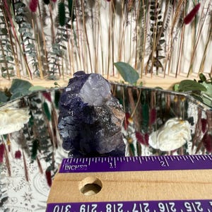 Puede incluir: Un cristal de fluorita en bruto, con tonos de p&uacute;rpura intenso y cuarzo transparente. El cristal mide aproximadamente 2,5 cm de largo, medido con una regla morada. El fondo presenta flores secas y una superficie espejada.