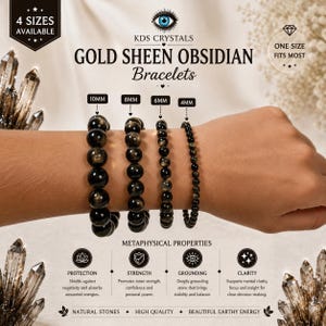 Gold Sheen Obsidian Bracelet, Natural Obsidian Crystal Bracelet, Protection Stone Jewelry, 4mm 6mm 8mm 10mm Beaded Bracelet