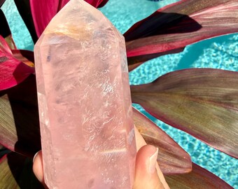 Rose Quartz Tower | Golden Healer Mineral Inclusions, Crystal Decor