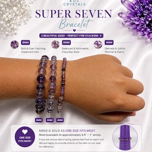 May include: A close-up of three Super Seven bracelets with purple and clear beads in 8mm, 6mm, and 4mm sizes. The bracelets are displayed on a wrist. The image includes text that says "Super Seven Bracelet" and "One Size Fits Most."