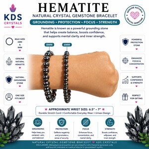 Natural Hematite Gemstone Bracelet, 6mm 8mm Black Crystal Beads, Grounding Jewelry