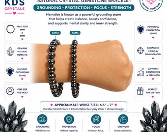 Hematite Natural Crystal Gemstone Bracelet, 6mm 8mm Hematite Bracelet, Black Gemstone Bead Bracelet, Grounding Crystal Jewelry