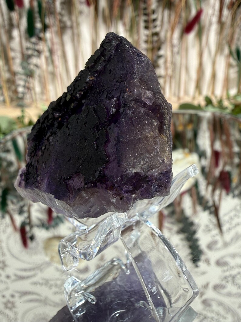 Puede incluir: Un cristal de fluorita morado oscuro, con una superficie rugosa y texturizada, se exhibe sobre un soporte decorativo transparente. El color del cristal var&iacute;a del violeta intenso a tonos m&aacute;s claros. El soporte es de pl&aacute;stico transparente moldeado.