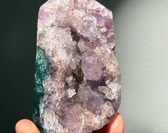 Amethyst Jasper Tower with Lavender Crystal Garden, Sparkling Druzy Point, Polished Green Stone Display