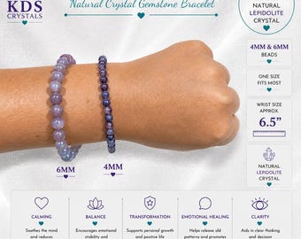 Lepidolite Natural Crystal Gemstone Bracelet 4mm 6mm Beaded Bracelet, Purple Mica Crystal Jewelry, Calming Stone Bracelet