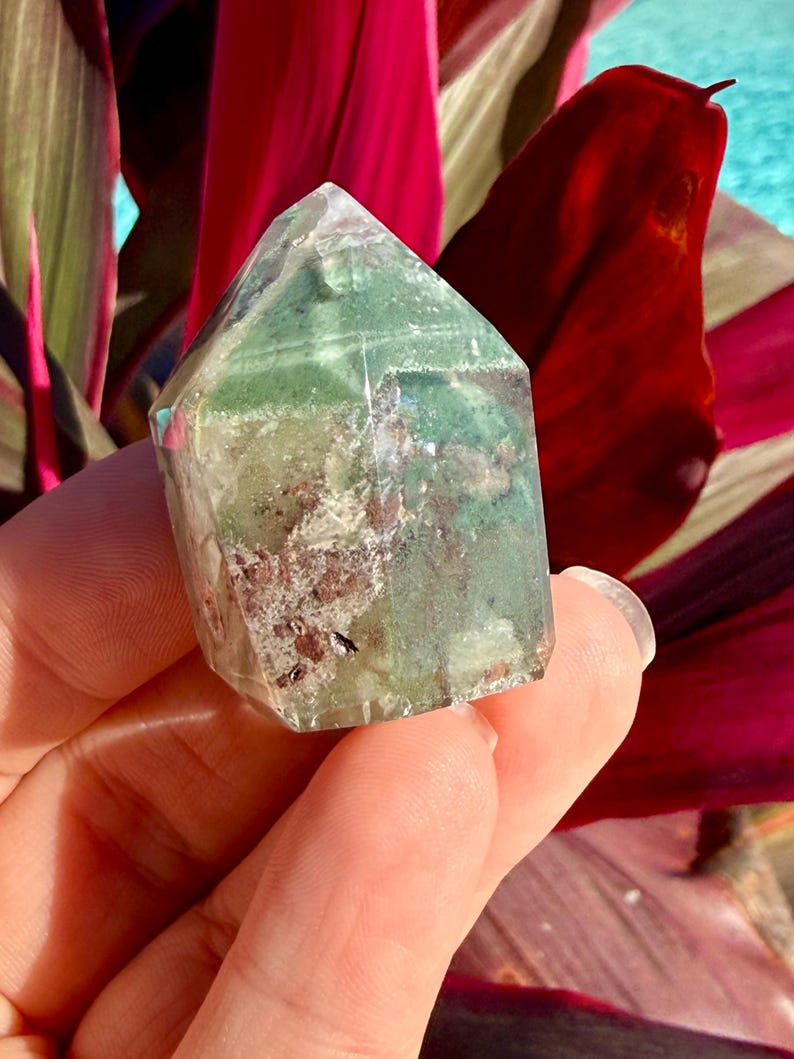 May include: A faceted crystal tower with green and brown inclusions. The crystal is held in a hand, with a background of red and green leaves and a glimpse of blue water.