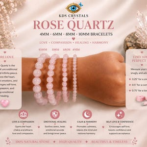 Genuine Rose Quartz Beaded Bracelet, 4mm-10mm Crystal, Heart Chakra Jewelry